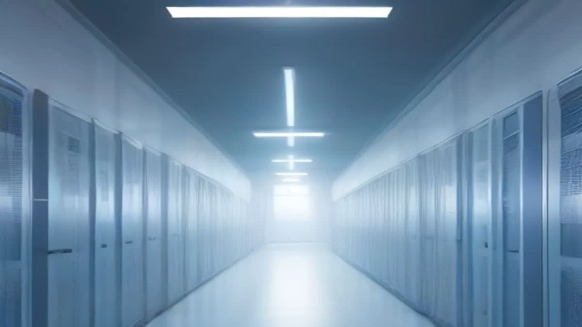 Data centre aisle with white server racks and small blue indicator lights