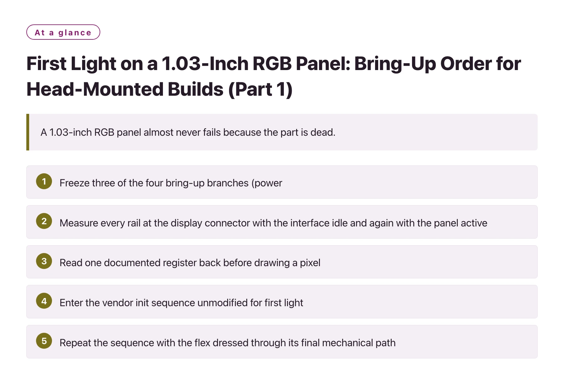 First Light on a 1.03-Inch RGB Panel: Bring-Up Order for Head-Mounted Builds (Part 1)——全文要点速览